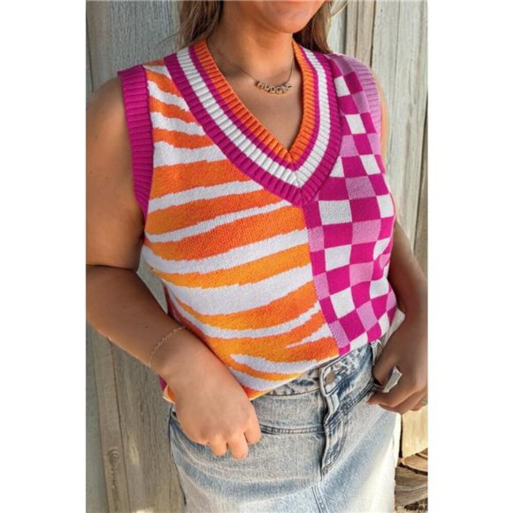 Striped Checkered Contrast Patchwork V Neck Sweater Vest